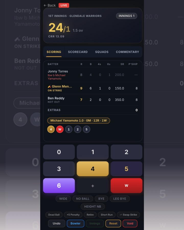 Cricket league screen on the Statewide Sports Hub app