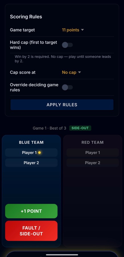 Pickleball live scoreboard on the Statewide Sports Hub app