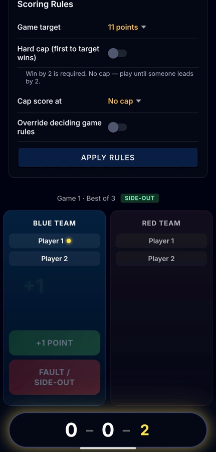 Pickleball scoring screen on the app