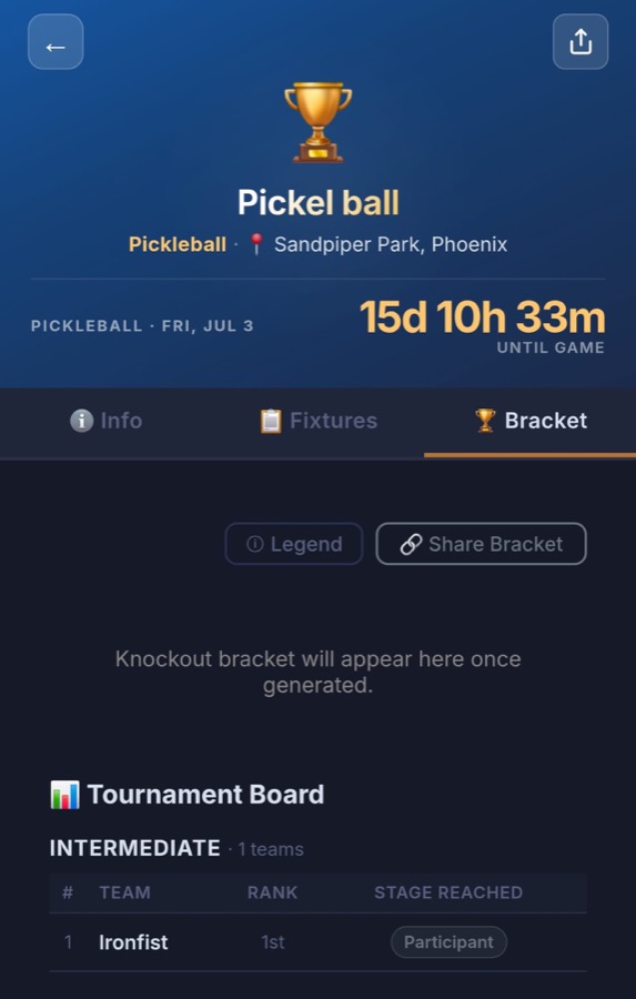 Pickleball tournament info on the app