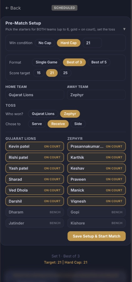 Volleyball scoring screen on the app