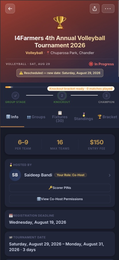 Volleyball league screen on the Statewide Sports Hub app